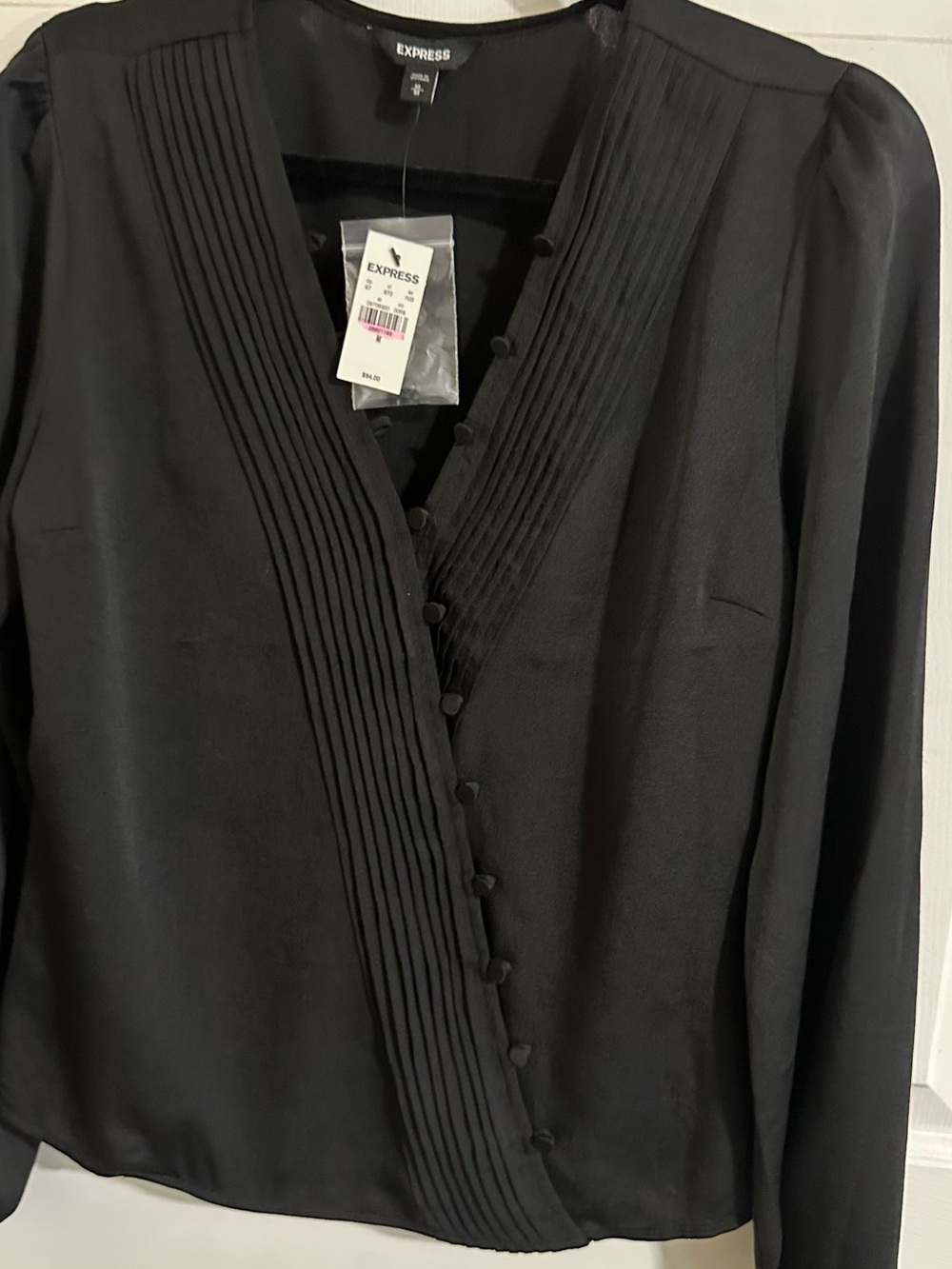 Express Black Pleated V-Neck Button Front Top